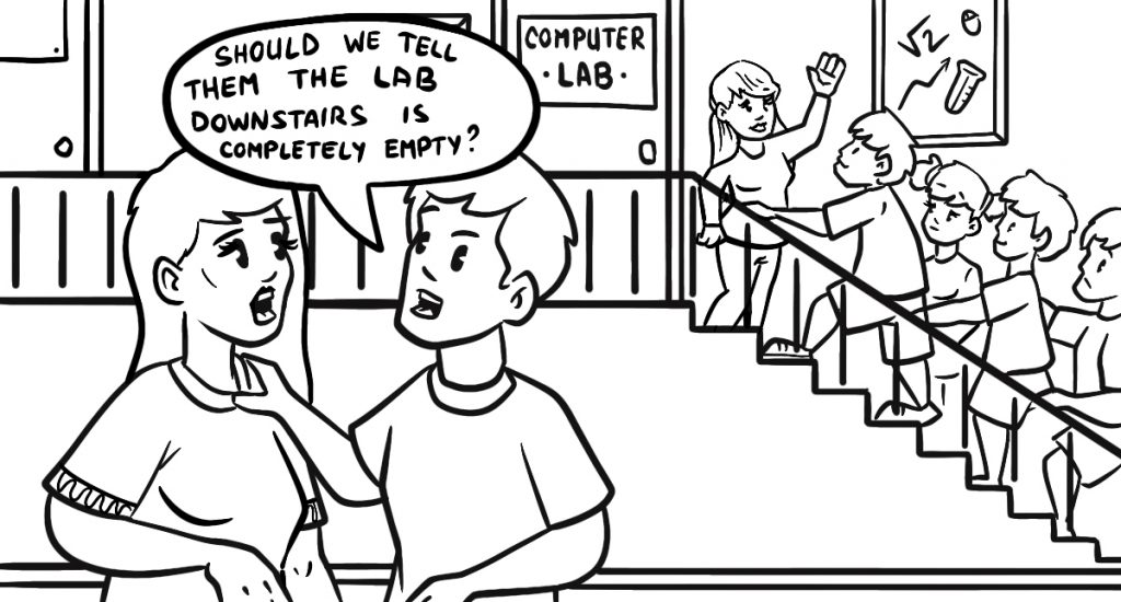 Cartoon of students in line for a computer lab